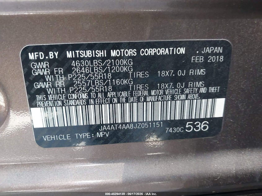 2018 Mitsubishi Eclipse Cross Le VIN: JA4AT4AA8JZ051151 Lot: 45294139