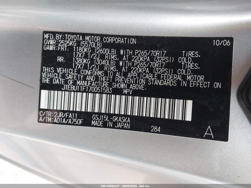 2007 Toyota Fj Cruiser VIN: JTEBU11F170051583 Lot: 45294147