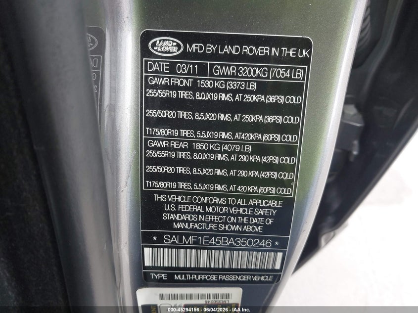 2011 Land Rover Range Rover Supercharged VIN: SALMF1E45BA350246 Lot: 45294156