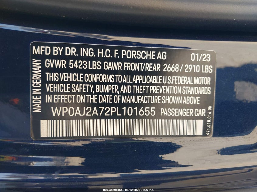 2023 PORSCHE PANAMERA 2.9L V-6 DI, DOHC, V(VIN: WP0AJ2A72PL101655