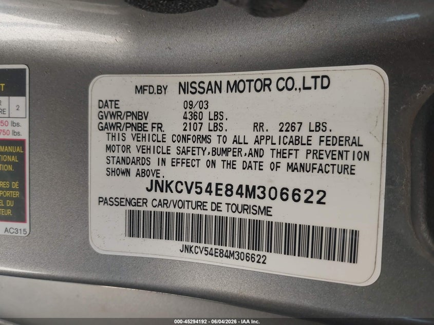 2004 Infiniti G35 VIN: JNKCV54E84M306622 Lot: 45294192