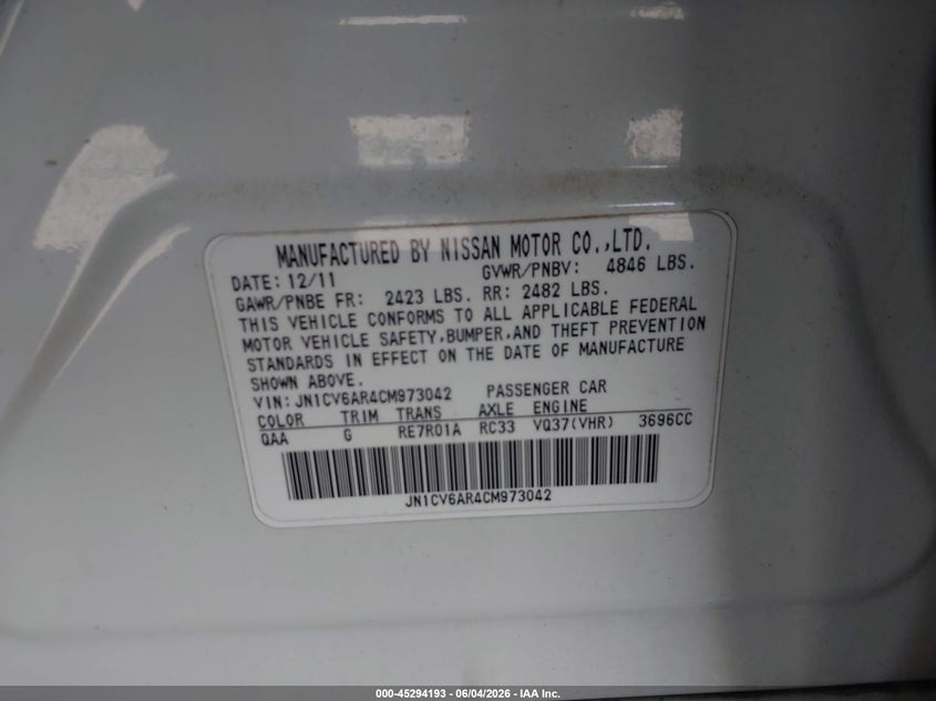2012 Infiniti G37X VIN: JN1CV6AR4CM973042 Lot: 45294193