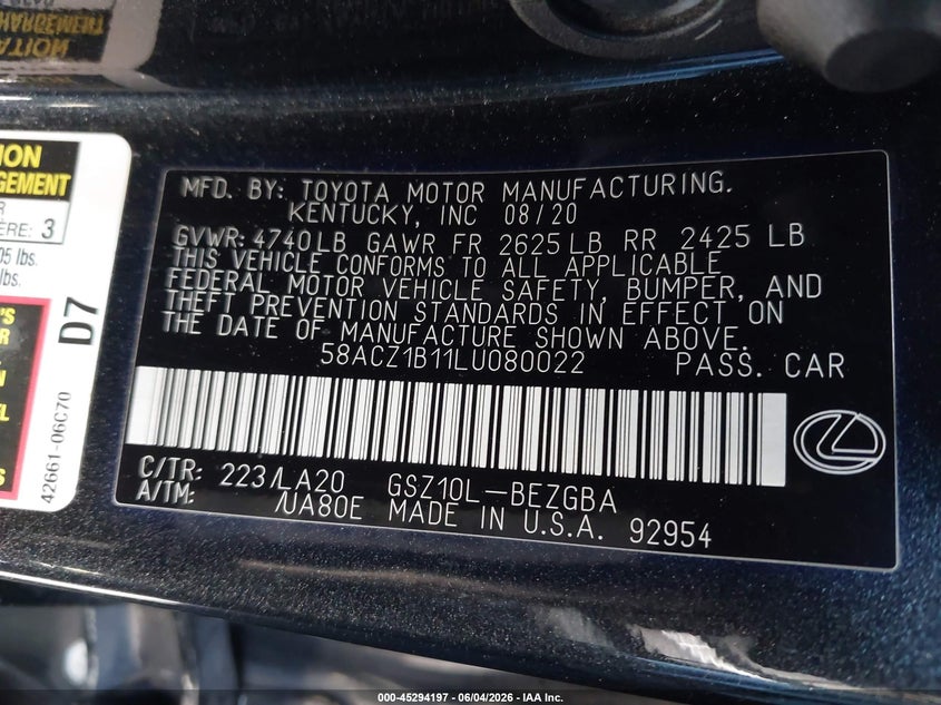 2020 Lexus Es 350 VIN: 58ACZ1B11LU080022 Lot: 45294197
