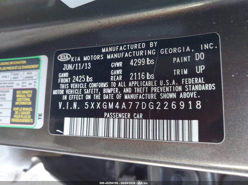 2013 KIA OPTIMA SEDAN 2.4L I-4 DI, DOHC, VVT, 200HP