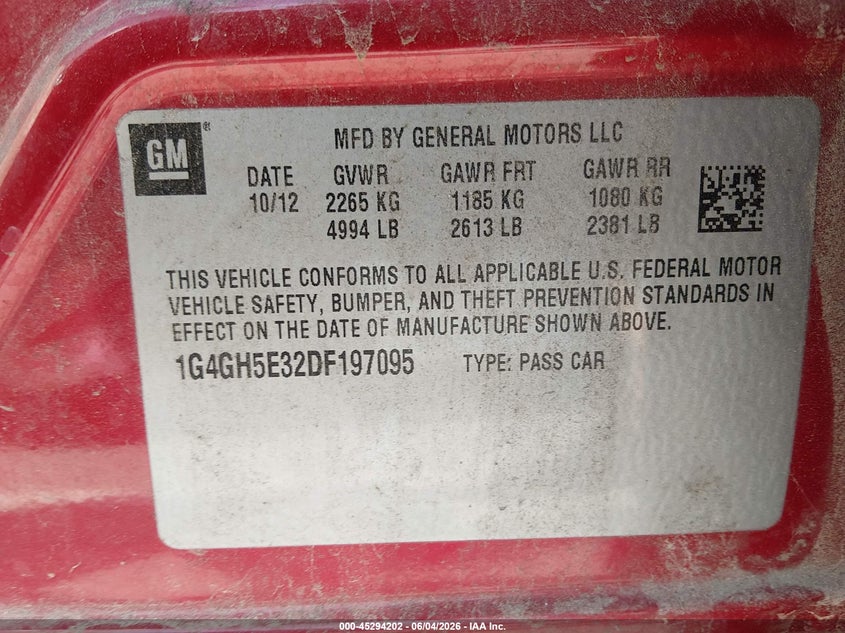 2013 Buick Lacrosse Premium 2 Group VIN: 1G4GH5E32DF197095 Lot: 45294202