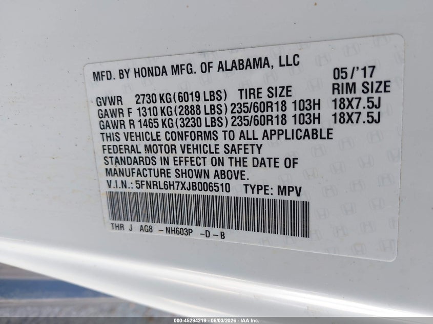 2018 Honda Odyssey Ex-L VIN: 5FNRL6H7XJB006510 Lot: 45294219
