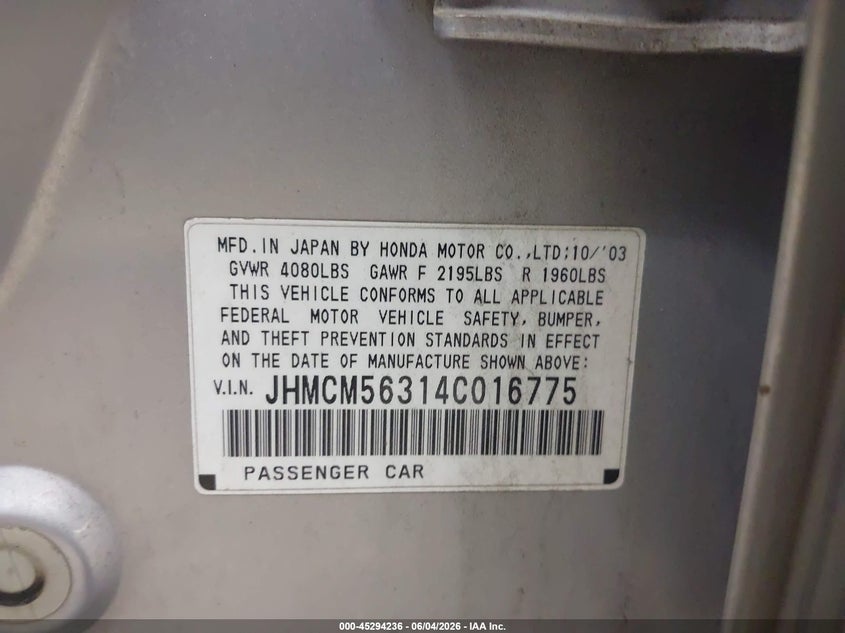 2004 Honda Accord 2.4 Lx VIN: JHMCM56314C016775 Lot: 45294236
