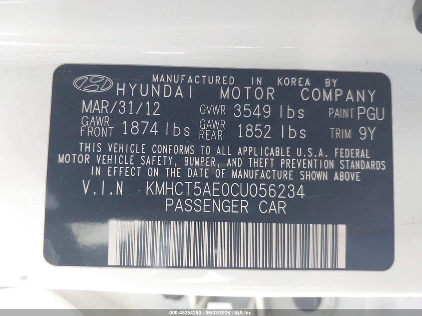 2012 Hyundai Accent Gs VIN: KMHCT5AE0CU056234 Lot: 45294250
