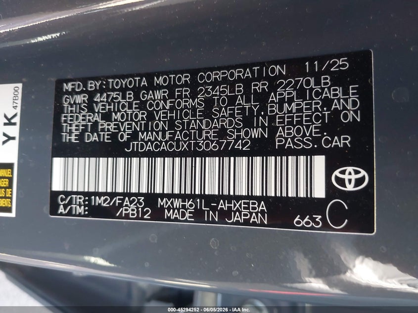 2026 TOYOTA PRIUS PLUG-IN HYBRID 2.0L I-4 DI, DOHC, V(VIN: JTDACACUXT3067742