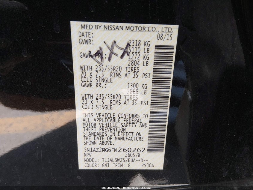 2015 Nissan Murano Platinum VIN: 5N1AZ2MG6FN260262 Lot: 45294297