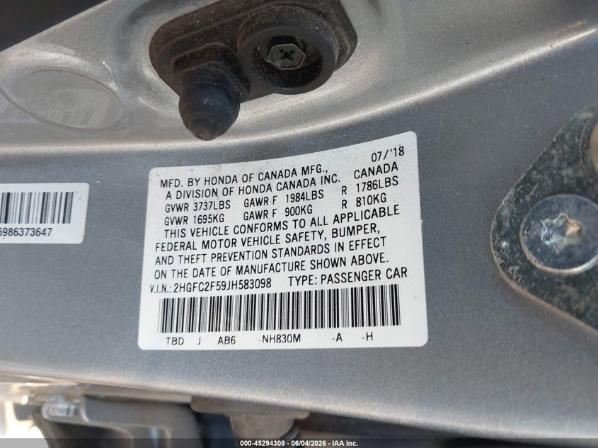 2018 HONDA CIVIC SEDAN 2.0L I-4 DOHC, VVT, 158HP