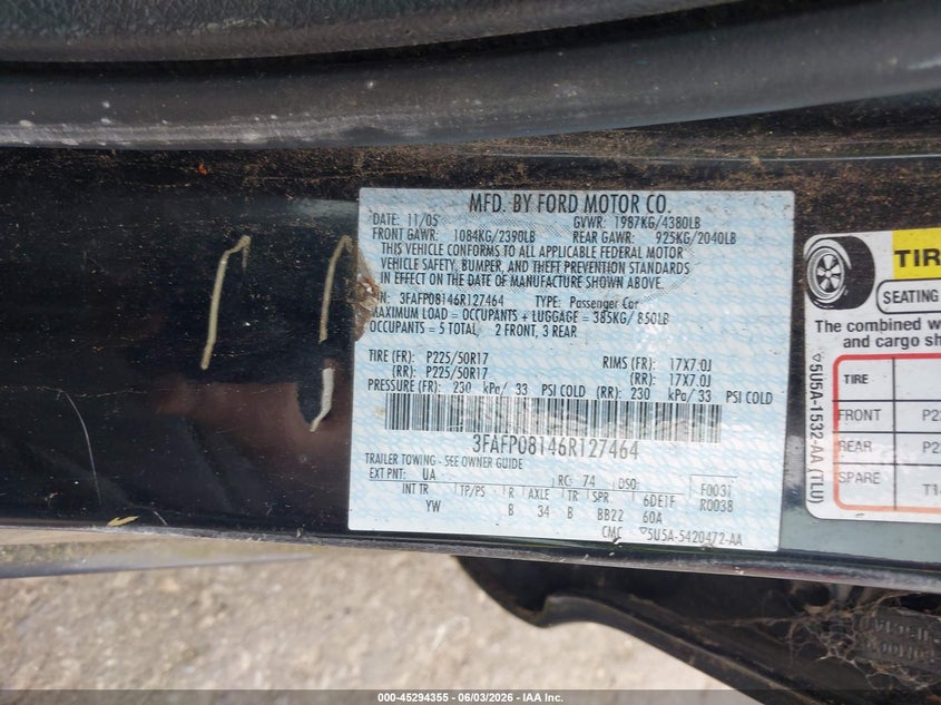 2006 FORD FUSION SEDAN 3.0L V-6 DOHC, VVT, 221HP