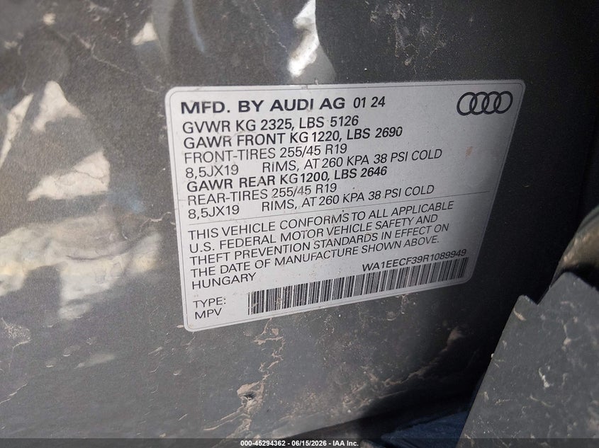 AUDI Q3 2024 VIN WA1EECF39R1089949