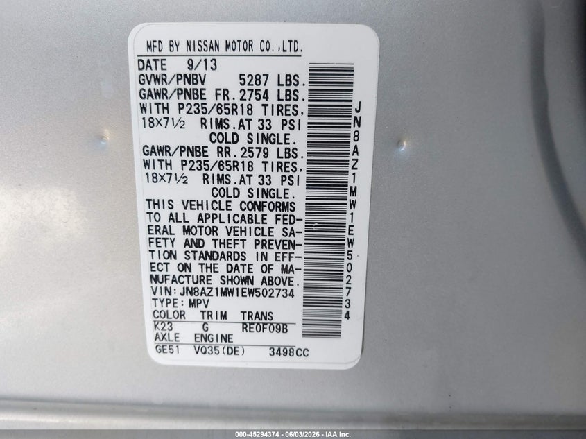 2014 Nissan Murano S VIN: JN8AZ1MW1EW502734 Lot: 45294374