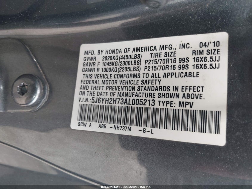 2010 HONDA ELEMENT SPORT UTILITY VEHICLE 2.4L I-4 DOHC, VVT, 166HP