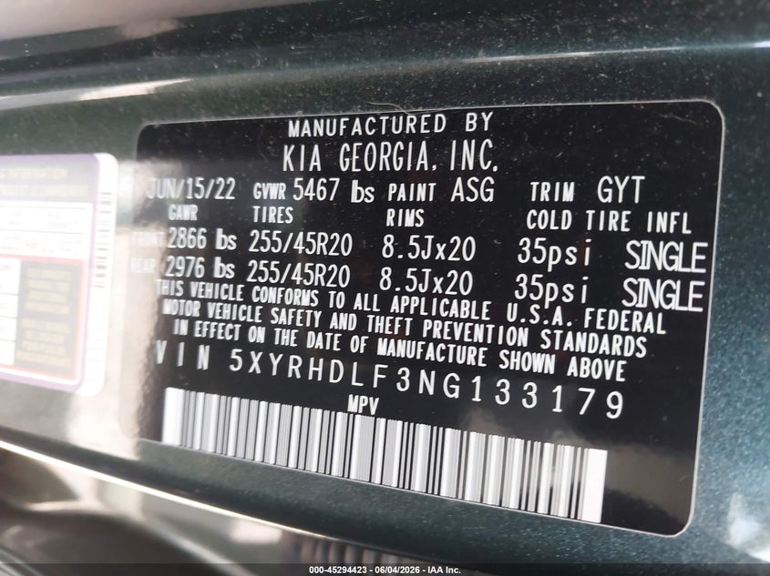 2022 Kia Sorento X-Line Ex VIN: 5XYRHDLF3NG133179 Lot: 45294423