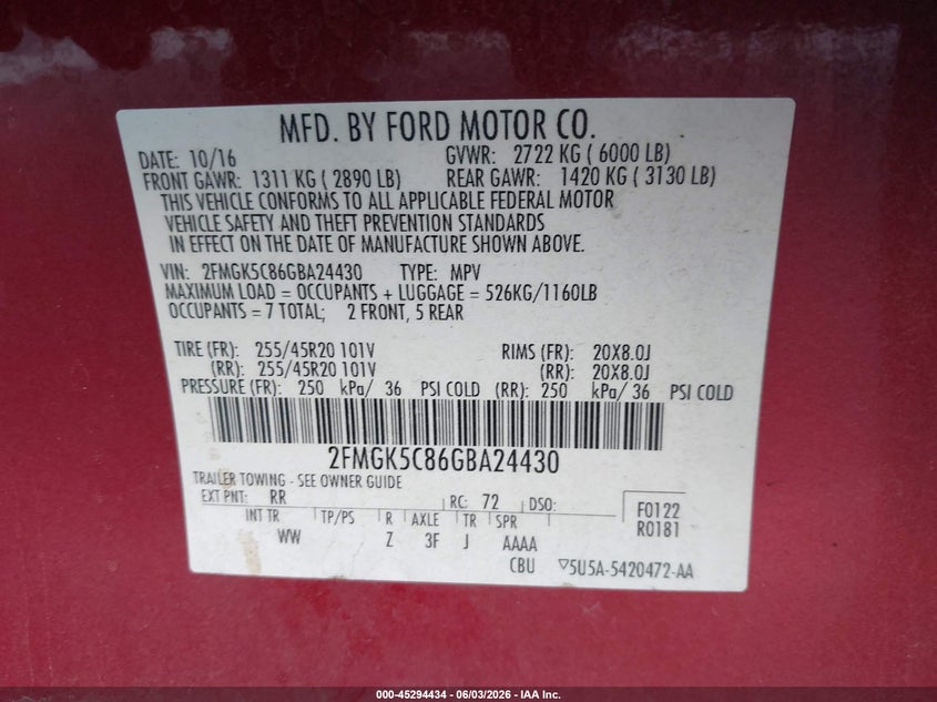 2016 Ford Flex Sel VIN: 2FMGK5C86GBA24430 Lot: 45294434