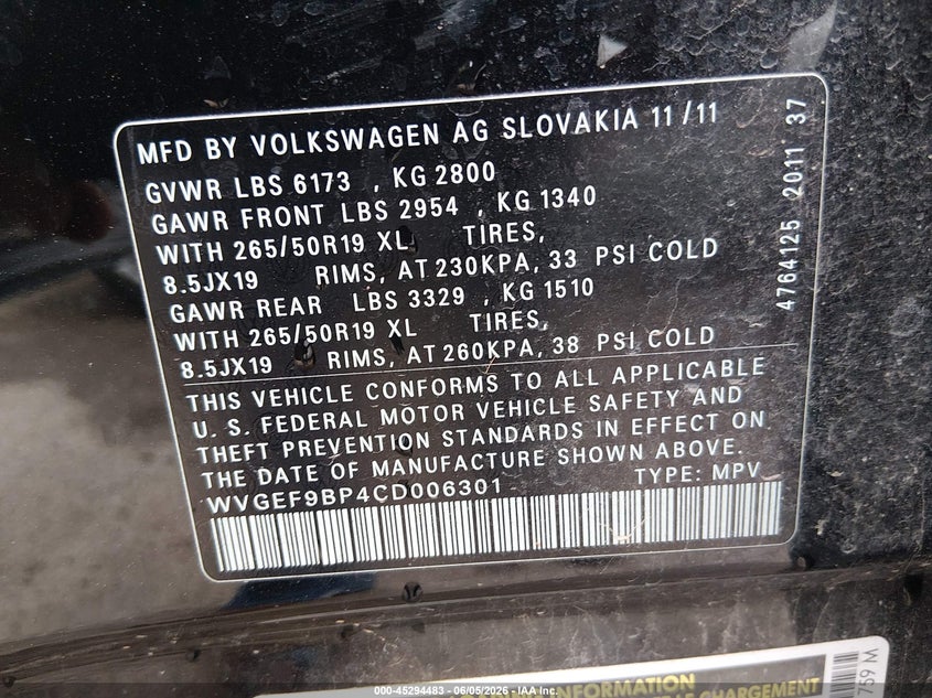 2012 Volkswagen Touareg Vr6 Lux VIN: WVGEF9BP4CD006301 Lot: 45294483