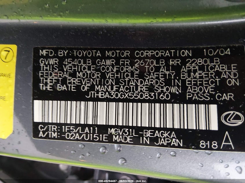 2005 Lexus Es 330 VIN: JTHBA30GX55083160 Lot: 45294487