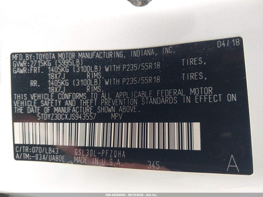 VIN 5TDYZ3DCXJS943557 2018 TOYOTA SIENNA LIMITED PREMIUM 7 PASSENGER