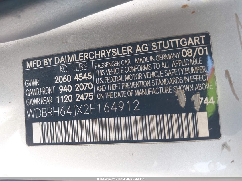 MERCEDES-BENZ C 320 2002 VIN WDBRH64JX2F164912