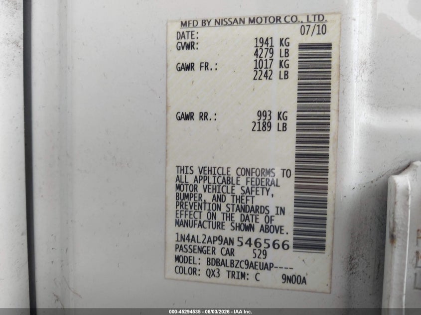 2010 Nissan Altima 2.5 S VIN: 1N4AL2AP9AN546566 Lot: 45294535