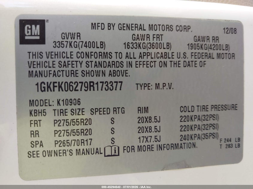 GMC YUKON XL 1500 2009 VIN 1GKFK06279R173377