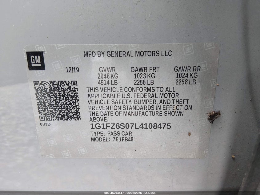 2020 Chevrolet Bolt Ev Fwd Premier VIN: 1G1FZ6S07L4108475 Lot: 45294547