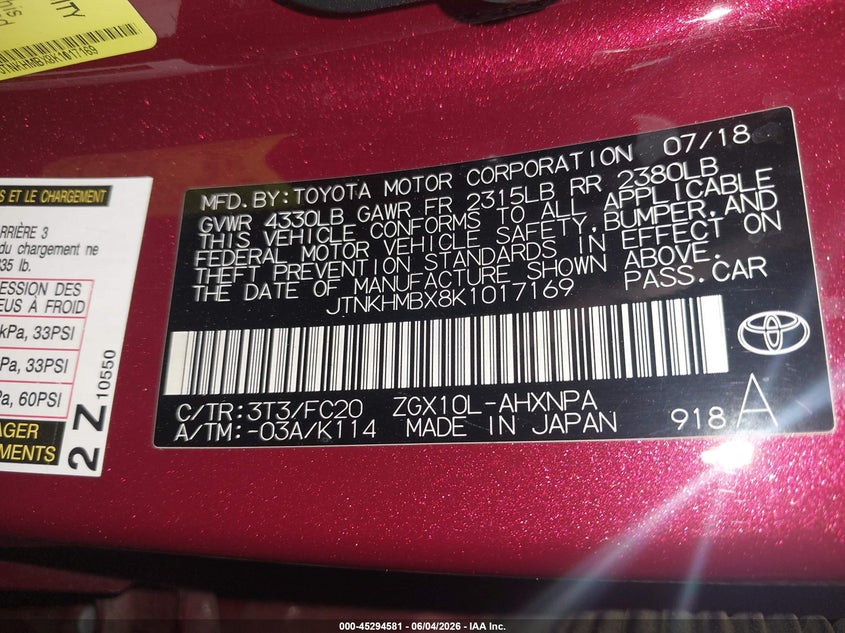 2019 Toyota C-Hr Le VIN: JTNKHMBX8K1017169 Lot: 45294581