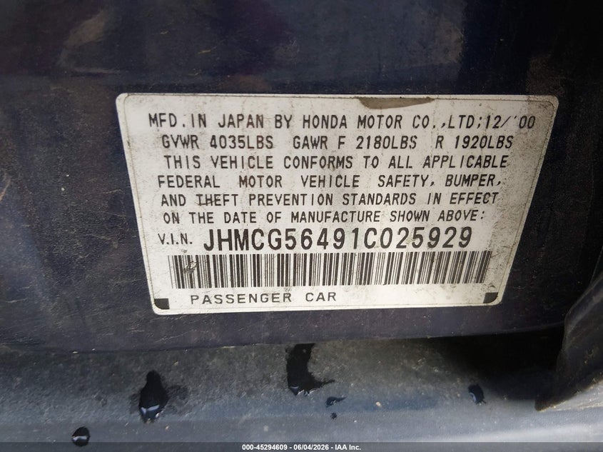 2001 Honda Accord 2.3 Lx VIN: JHMCG56491C025929 Lot: 45294609