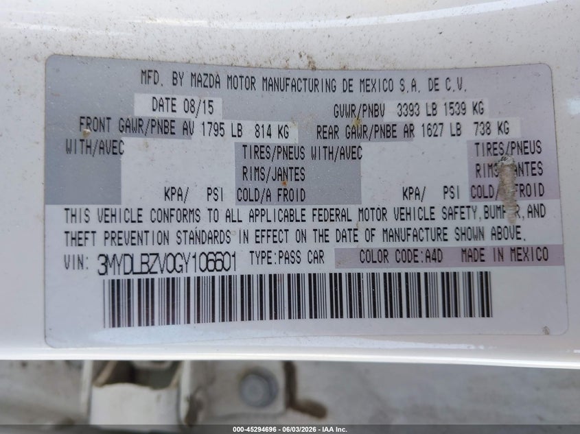 2016 Scion Ia VIN: 3MYDLBZV0GY106601 Lot: 45294696