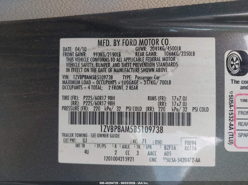 2011 Ford Mustang V6 Premium VIN: 1ZVBP8AM5B5109738 Lot: 45294728