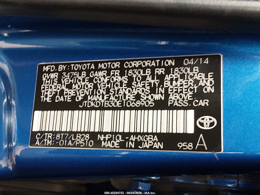 2014 Toyota Prius C Four VIN: JTDKDTB30E1068905 Lot: 45294752
