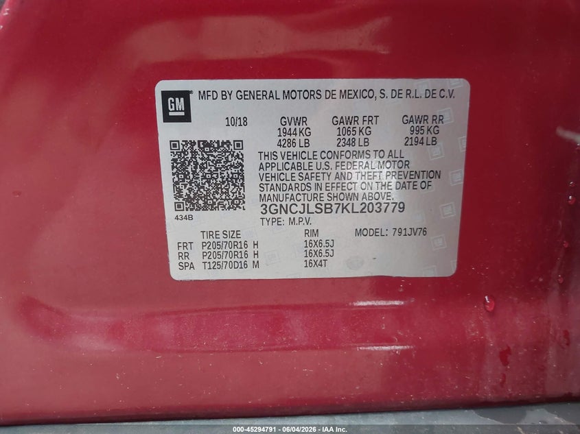 2019 Chevrolet Trax Lt VIN: 3GNCJLSB7KL203779 Lot: 45294791