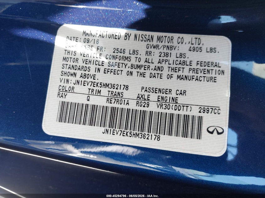 2017 Infiniti Q60 3.0T Premium VIN: JN1EV7EK5HM362178 Lot: 45294796