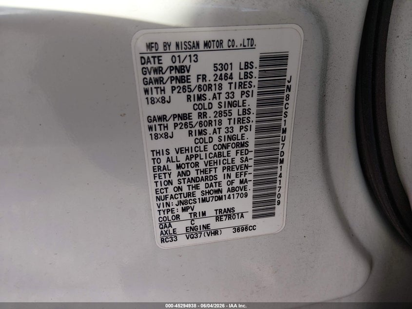2013 Infiniti Fx37 VIN: JN8CS1MU7DM141709 Lot: 45294938