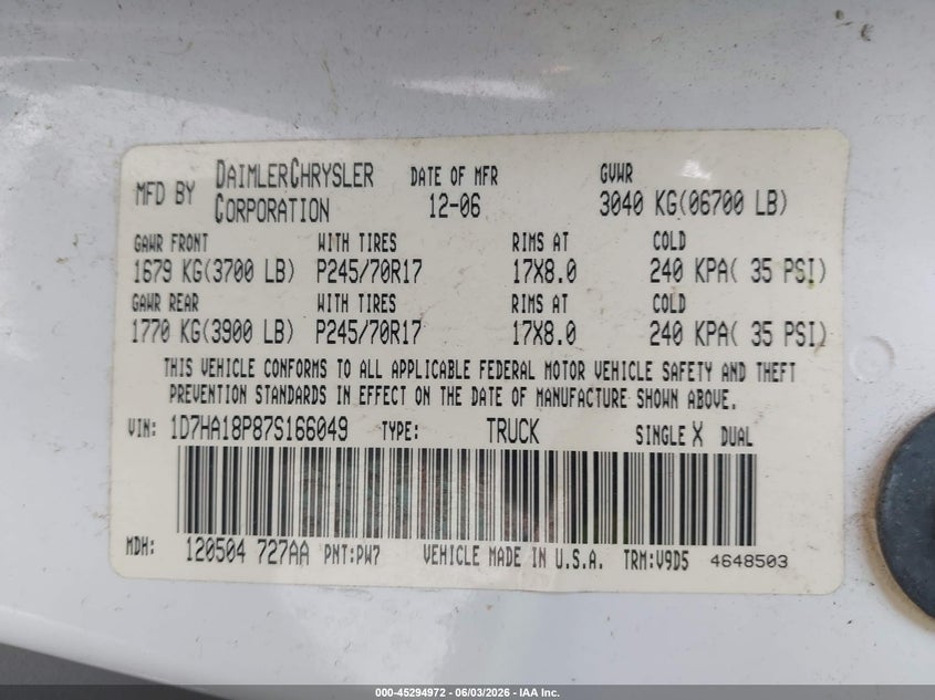 2007 Dodge Ram 1500 Slt VIN: 1D7HA18P87S166049 Lot: 45294972