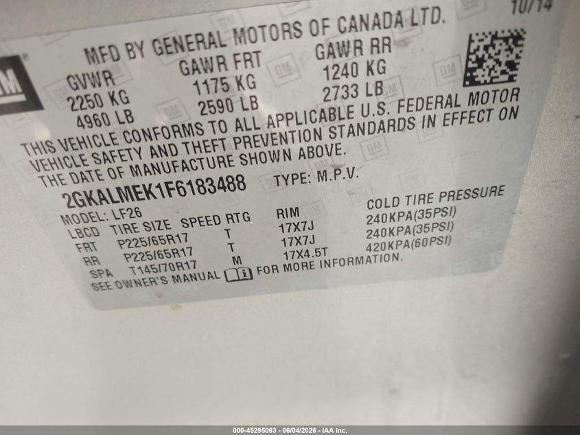 2015 GMC Terrain Sle-1 VIN: 2GKALMEK1F6183488 Lot: 45295063