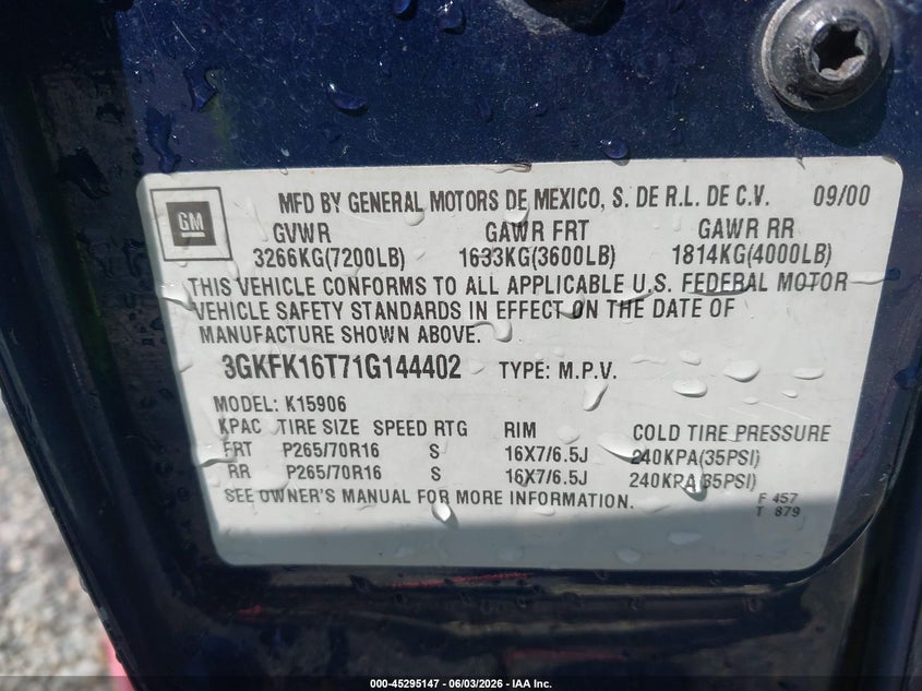 2001 GMC Yukon Xl 1500 Slt VIN: 3GKFK16T71G144402 Lot: 45295147