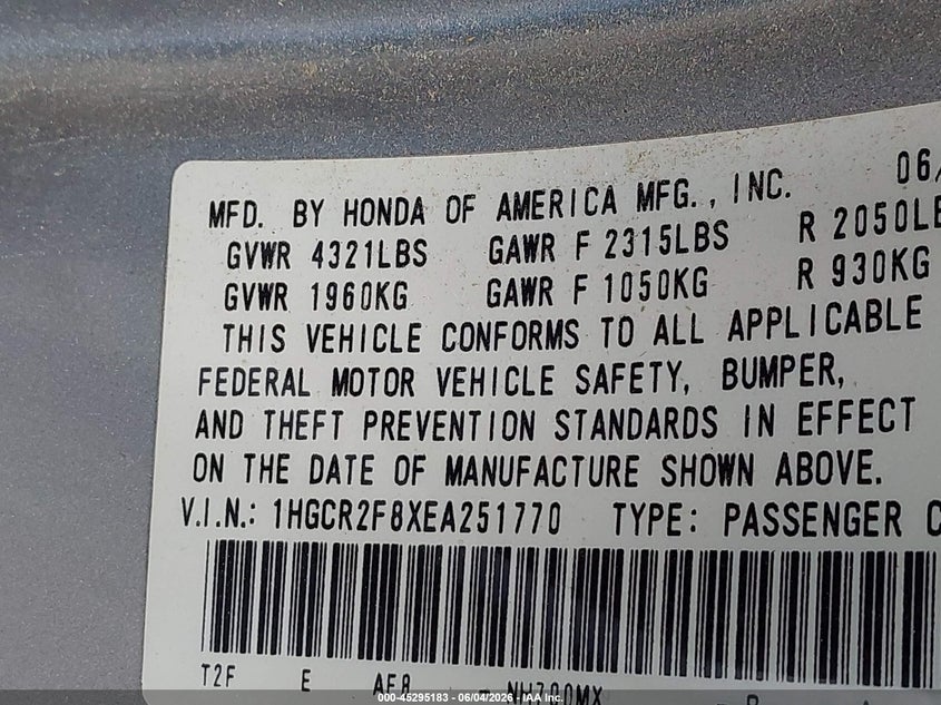 2014 HONDA ACCORD SEDAN 2.4L I-4 DI, DOHC, VVT, 185HP
