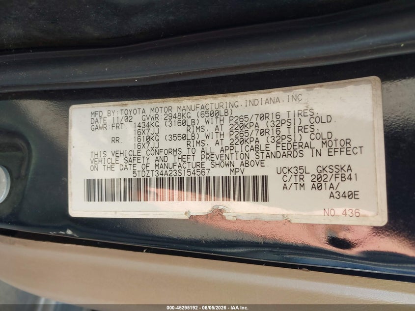 2003 TOYOTA SEQUOIA SPORT UTILITY VEHICLE 4.7L V-8 DOHC, 240HP