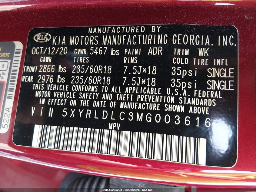 KIA SORENTO 2021 VIN 5XYRLDLC3MG003616