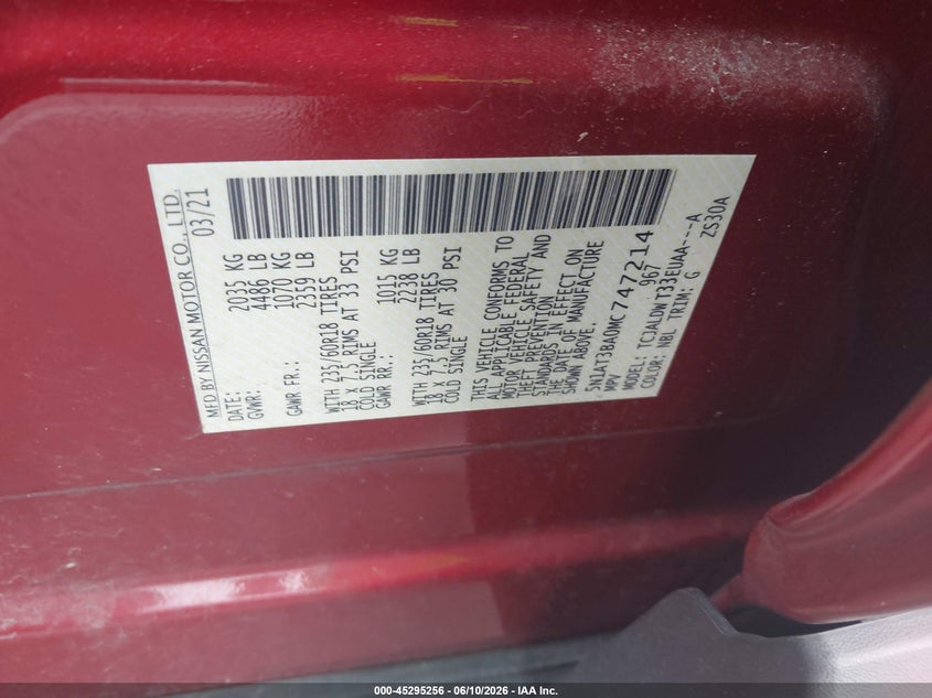 VIN 5N1AT3BA0MC747214 2021 NISSAN ROGUE SV FWD