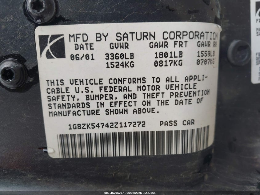 2002 Saturn S-Series Sl2 VIN: 1G8ZK54742Z117272 Lot: 45295297