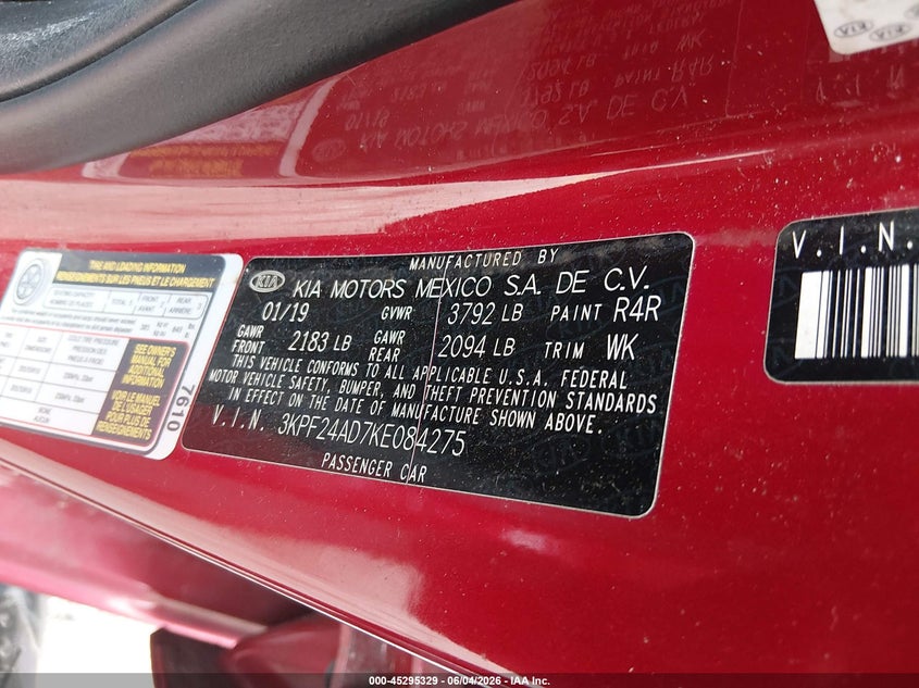 2019 Kia Forte Lxs VIN: 3KPF24AD7KE084275 Lot: 45295329