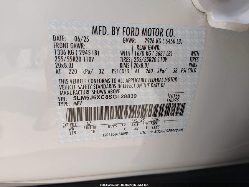 2025 Lincoln Aviator Premiere VIN: 5LM5J6XC8SGL28839 Lot: 45295362
