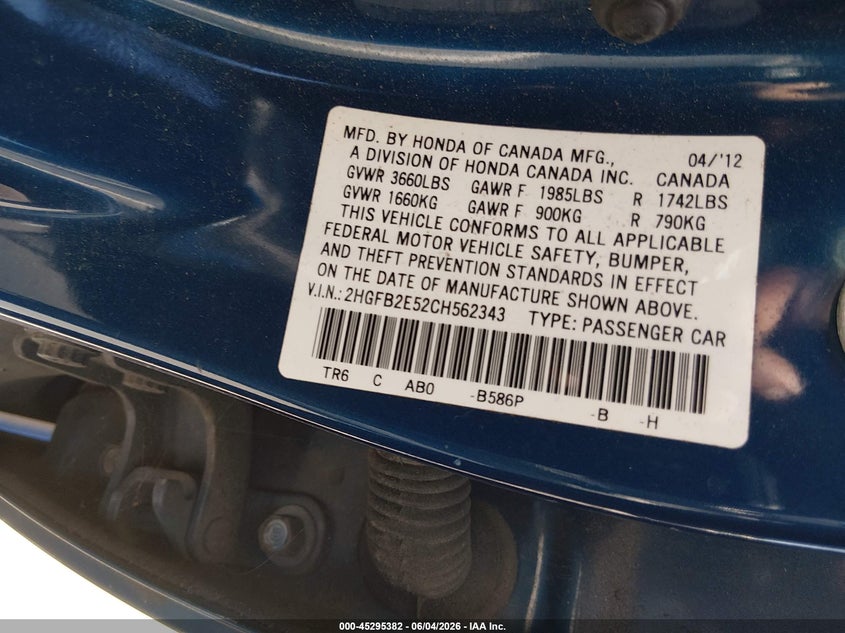 2012 Honda Civic 1.8 Lx blue Lot 111045295382 Vin 2HGFB2E52CH562343
