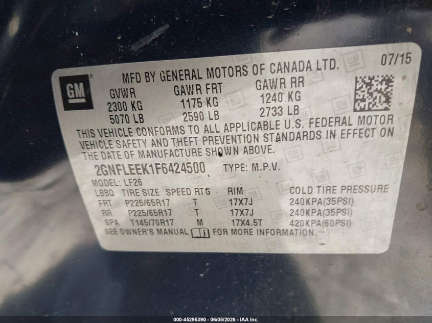 2015 CHEVROLET EQUINOX SPORT UTILITY VEHICLE 2.4L I-4 DI, DOHC, VVT, 182HP