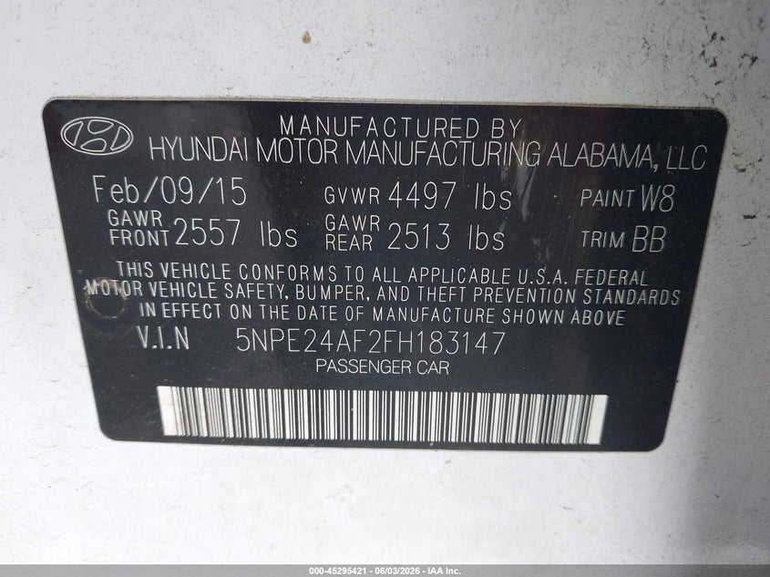 2015 Hyundai Sonata Se VIN: 5NPE24AF2FH183147 Lot: 45295421