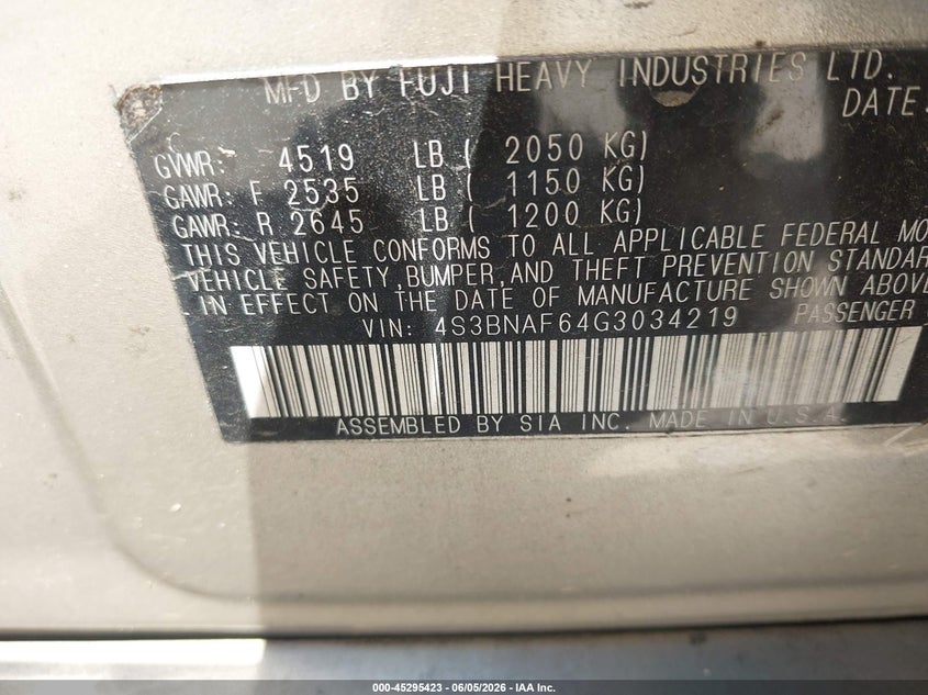 2016 Subaru Legacy 2.5I Premium VIN: 4S3BNAF64G3034219 Lot: 45295423